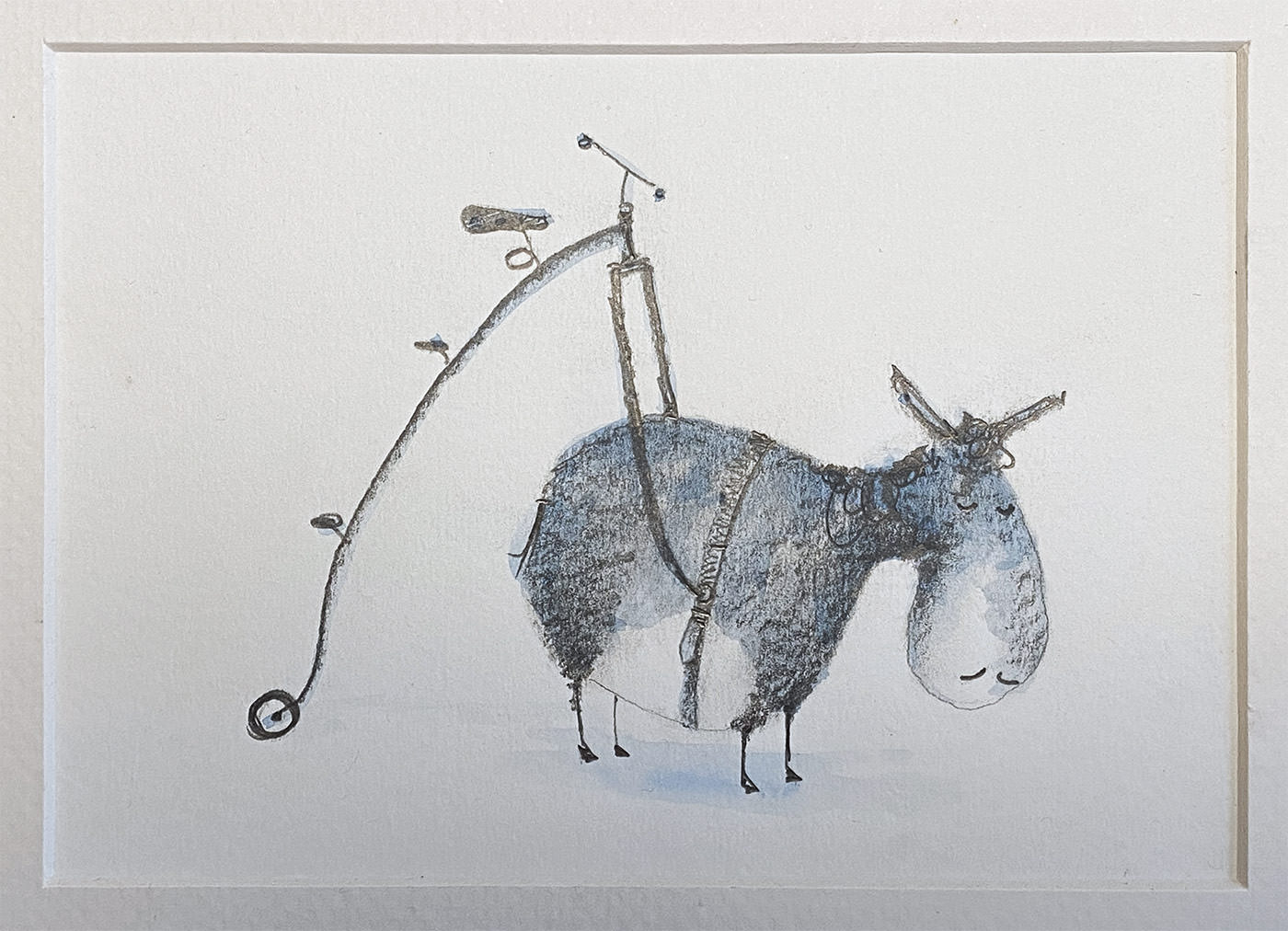 A pencil sketch of a penny-farthing bicycle, with a sleepy donkey in place of the large front wheel.