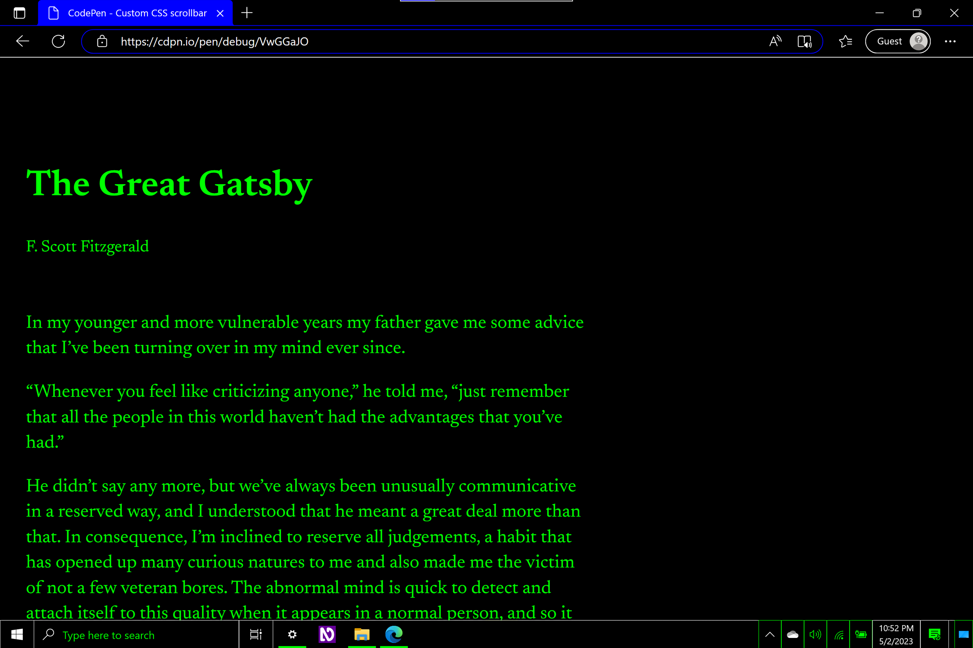 Microsoft Edge with a tab open to a CodePen set the display opening text to The Great Gatsby. The background of the webpage and the browser chrome is black and the type is bright green. A blue highlight color is used for borders and accents. The scrollbar is missing. Screenshot.