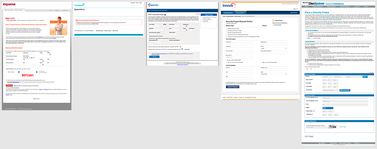 Screenshots of the first page for initiating a Credit Freeze for Equifax, TransUnion, Experian, Innovis, and ChexSystems.