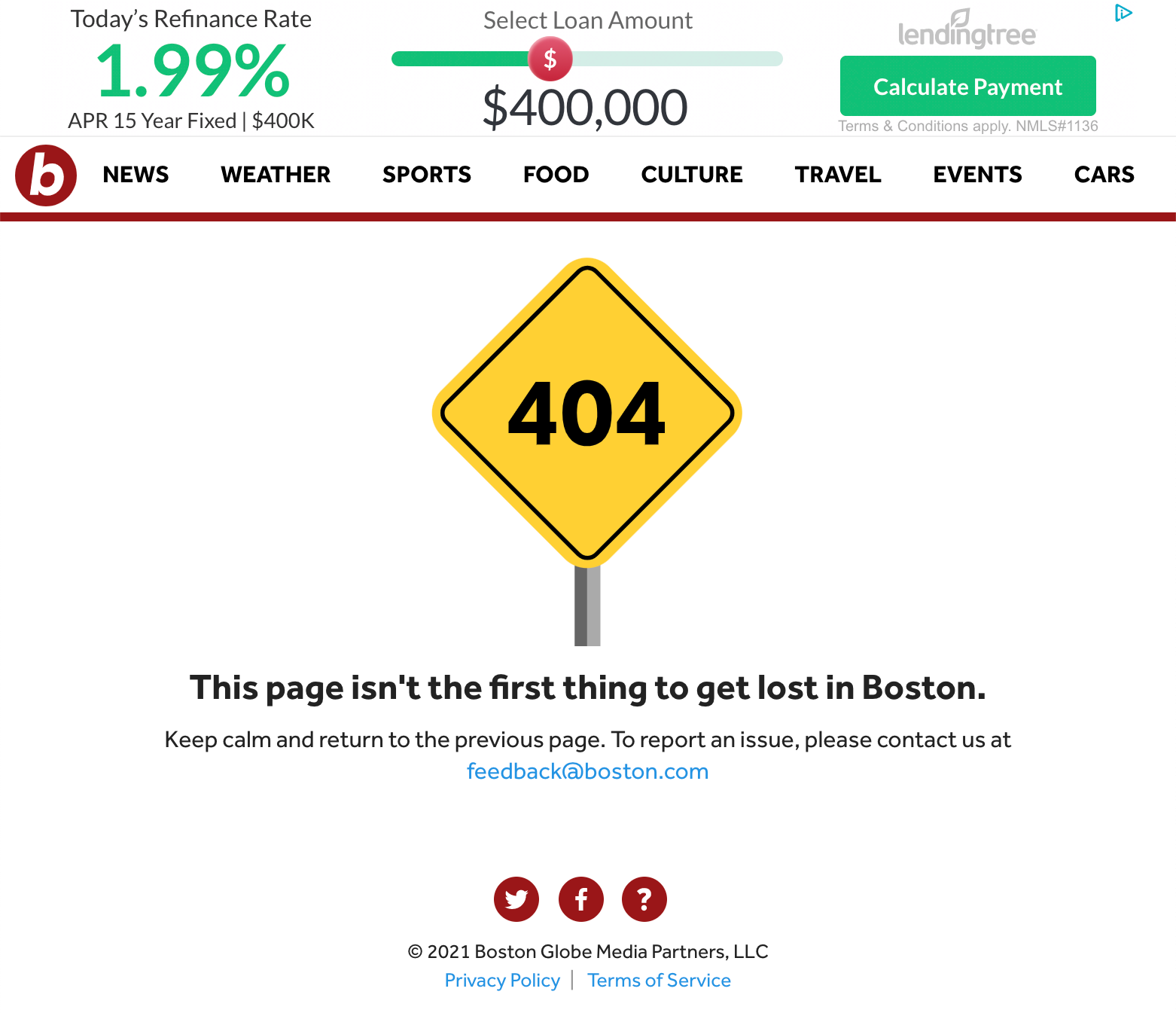 A yellow warning sign labeled “404”. This page isn't the first thing to get lost in Boston. Keep calm and return to the previous page. To report an issue, please contact us at feedback@boston.com. Screenshot.