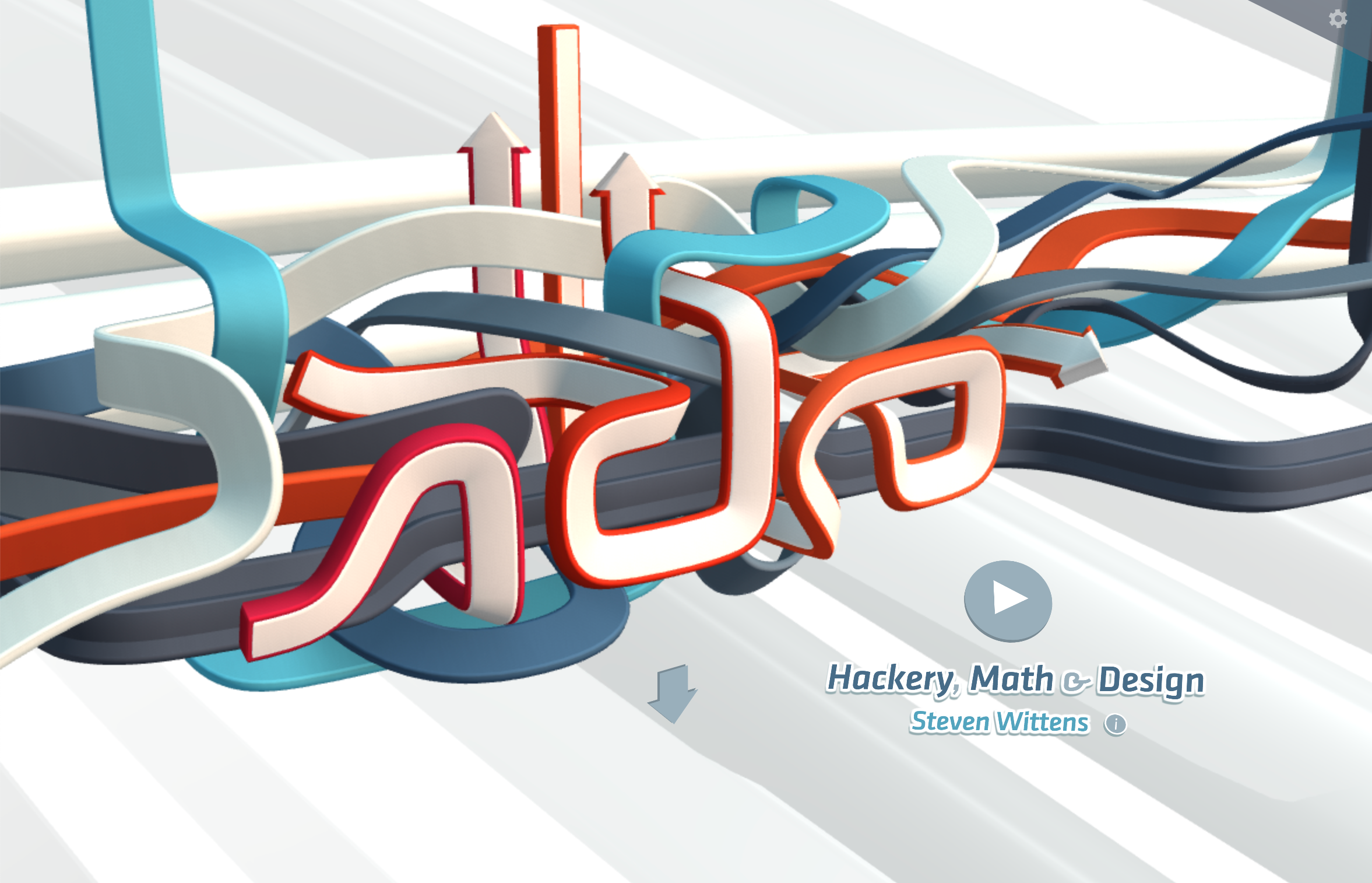 A complicated 3D tangle of white, dark blue, teal, red, and white arrows fill up most of the screen. Part of the tangle spells out the phrase, 'Acko.' Below it is the tagline, 'Hackery, Math, and Design', and below that is the name, 'Steven Wittens'. Screenshot.