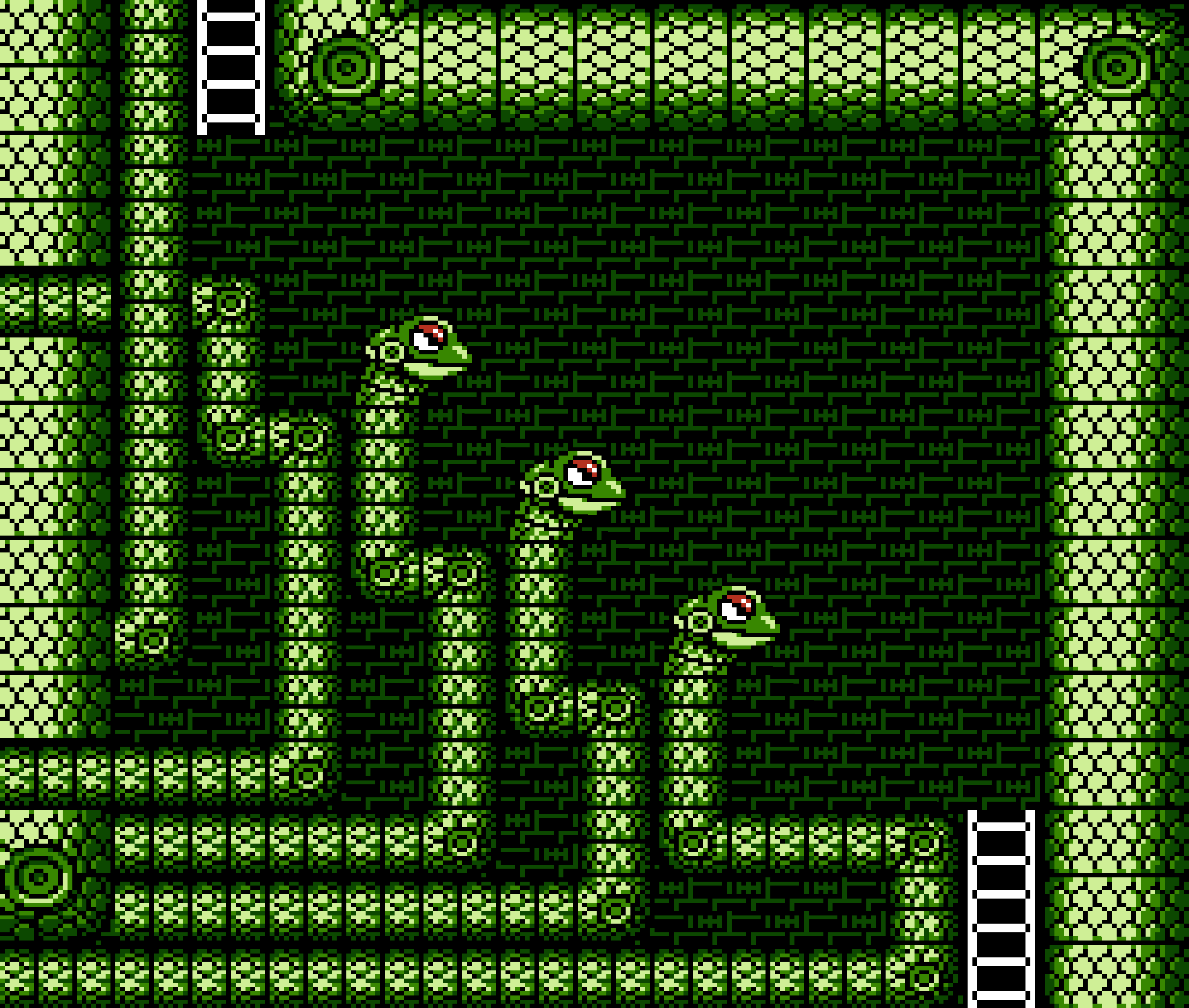 Three menacing robotic snake heads on a set of stairs made out of robotic snake bodies. Screenshot.