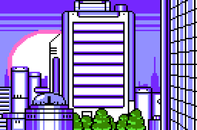 An idyllic futuristic city at sunset. Screenshot.