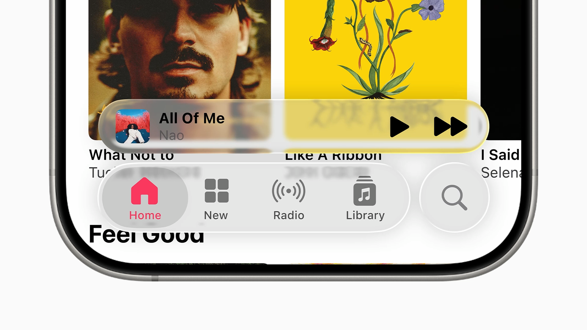 The bottom half of an iPhone, with the Music app open. The playerbar and main navigation have a visual treatment in such a way that they look like drops of glass, where the background is blurred and distorted. The artist of the currently playing song is especially difficult to read because of this visual effect, as are the navigation icons that are not currently active.
