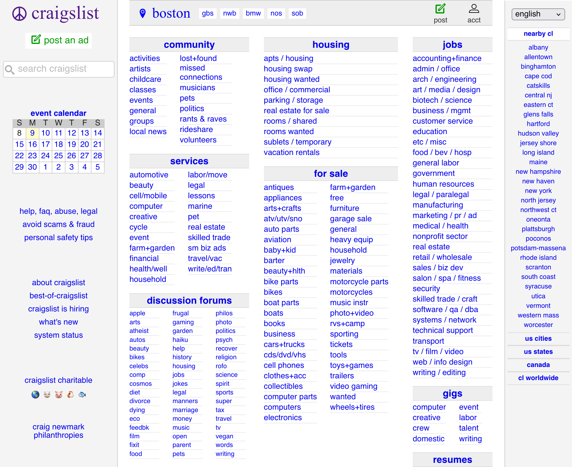 The homepage for Boston-area Craigslist.