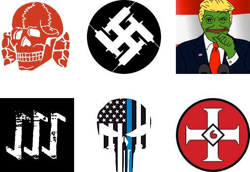 A Totenkopf death’s head, a swastika made out of syringes, Trump drawn as Pepe the Frog, the logo for The Base, the thin blue line flag superimposed over the Punisher skull, and the Klu Klux Klan’s blood drop cross.