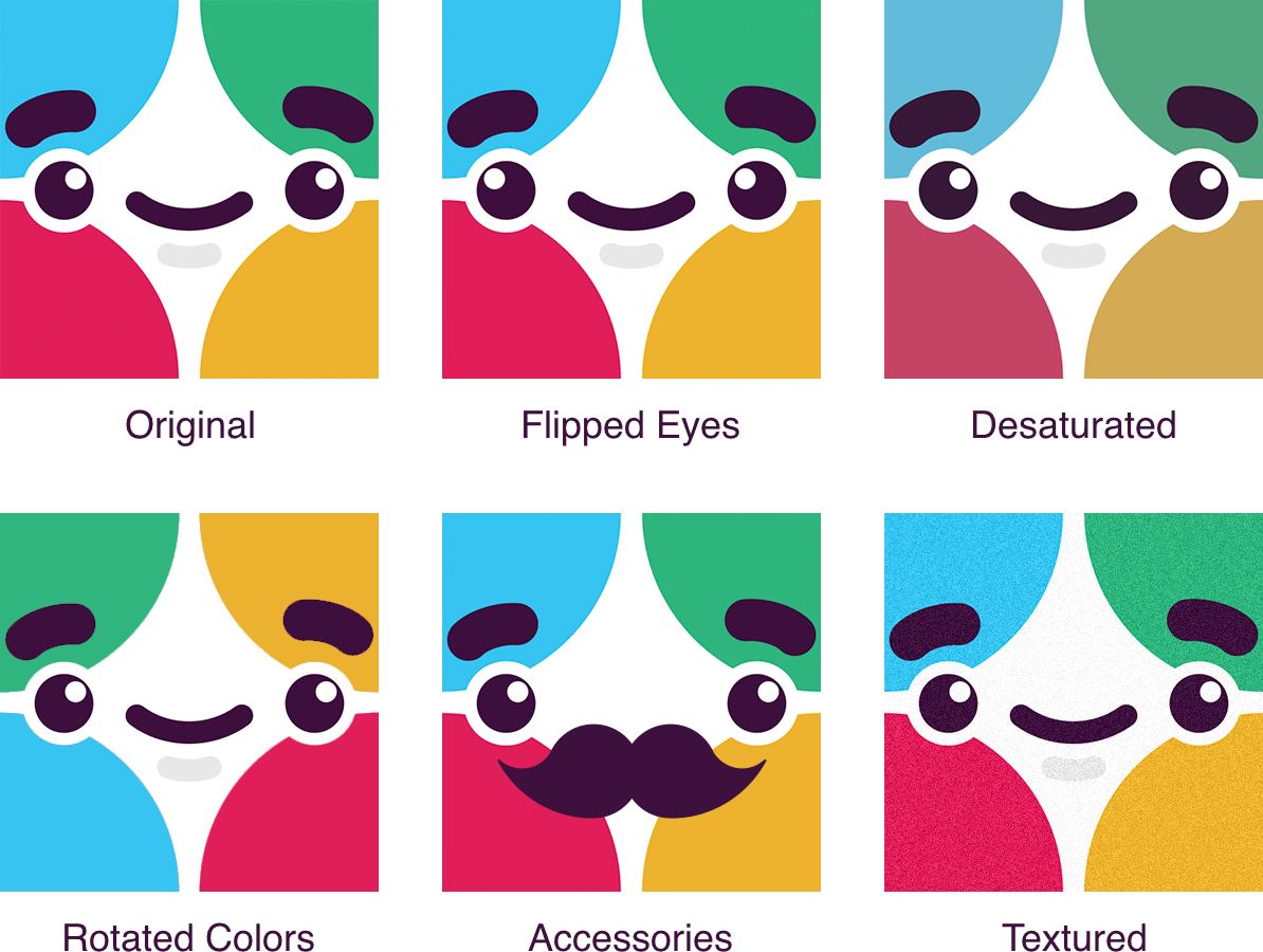 Six Slackbot avatars. The first one is labeled “Original,” and is unmodified. The next 5 labels are “Flipped Eyes,” “Desaturated,” “Rotated Colors.” “Accessories,” and “Textured.
