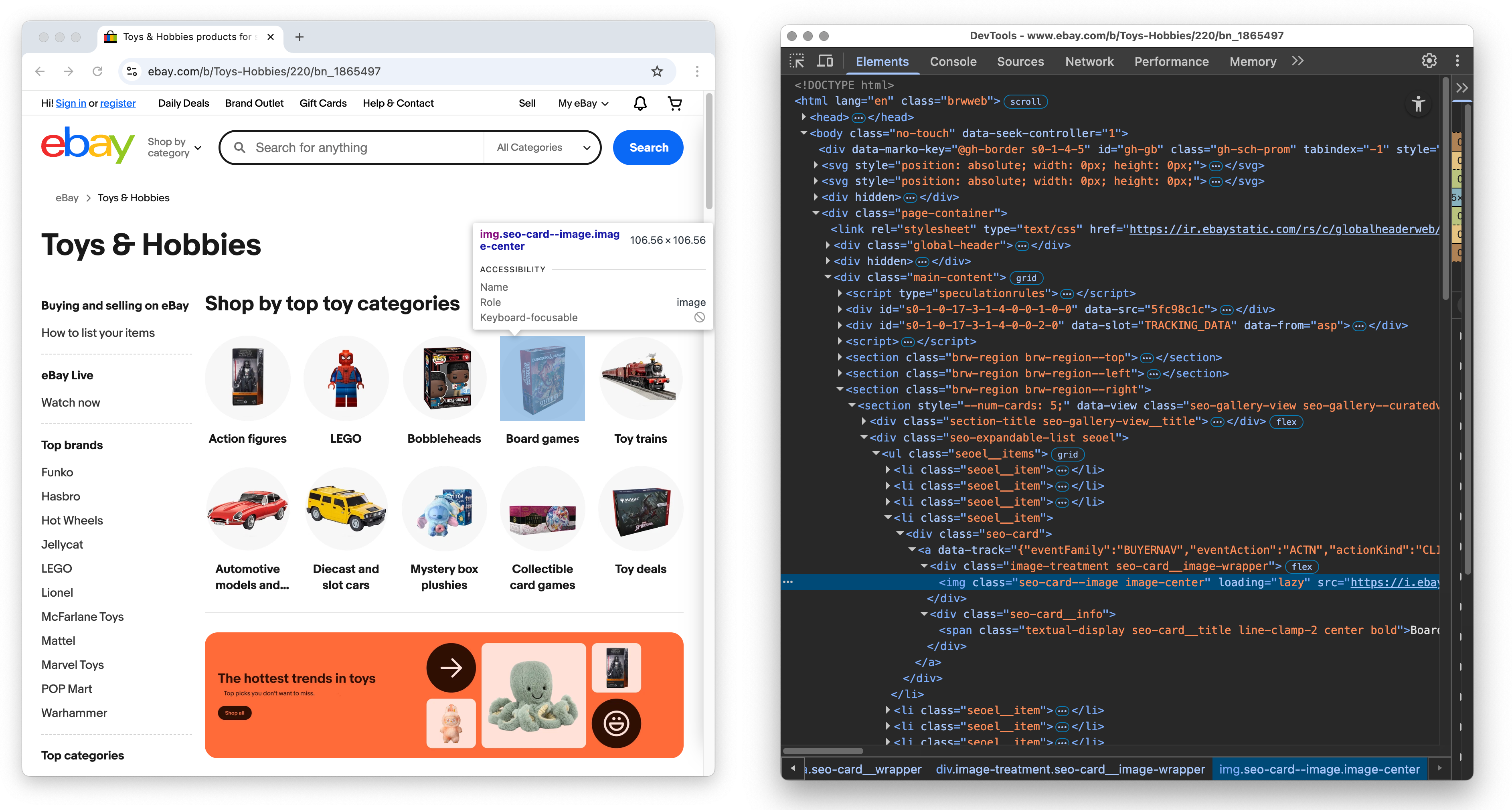 Two panels. The first shows the Etsy page for Toys and Hobbies. The image used for the board games category is highlighted, and a tooltip shows the element used, what classes are attached to it, and its accessible name and role. The second panel shows the Chrome Developer Tools, with the relevant line of HTML highlighted.